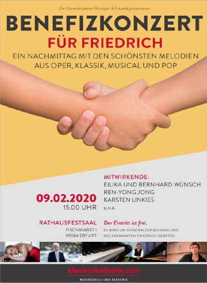 Poster mit dem Titel Benefizkonzert für Friedrich und Händedruck darunter auf hellgelben Grund