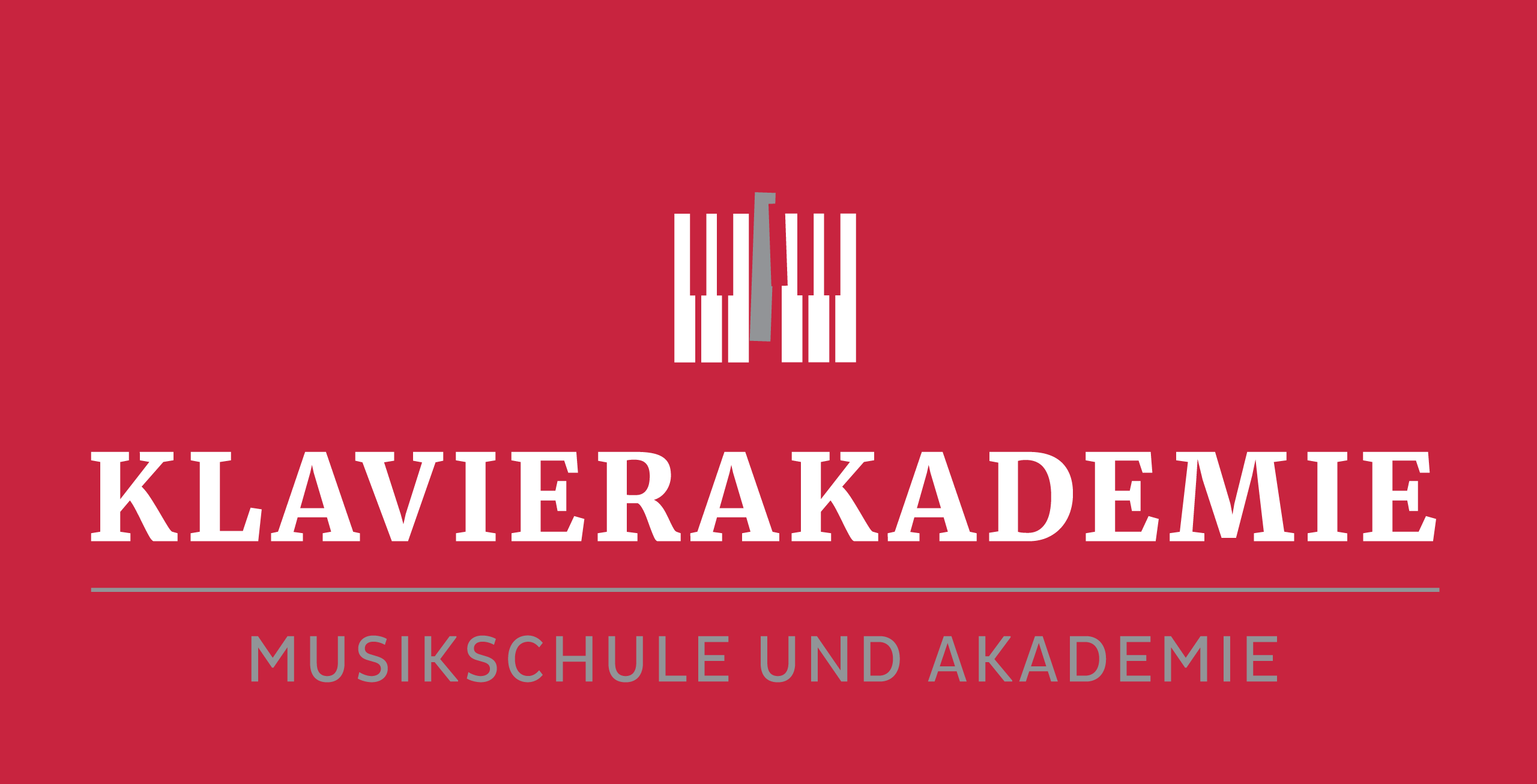 kleiner Ausschnitt einer Klaviatur und den Text Klavierakademie in weißer Schrift darunter stehend auf rotem Grund